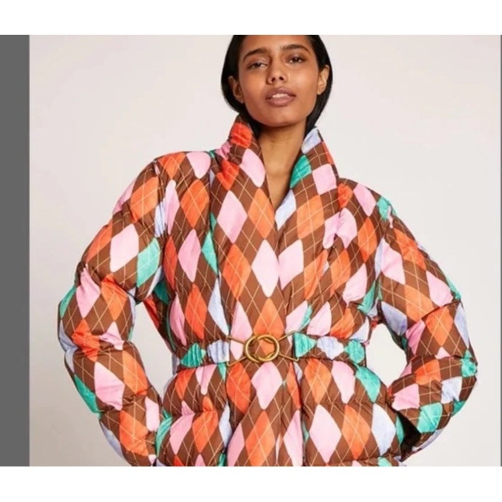Rachel Antonoff Women's Toni Puffer Coat Argyle Belted Sz L NWOT